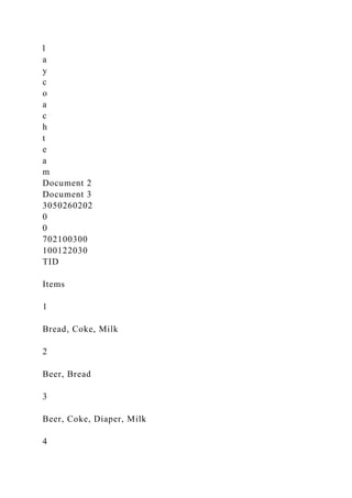 l
a
y
c
o
a
c
h
t
e
a
m
Document 2
Document 3
3050260202
0
0
702100300
100122030
TID
Items
1
Bread, Coke, Milk
2
Beer, Bread
3
Beer, Coke, Diaper, Milk
4
 