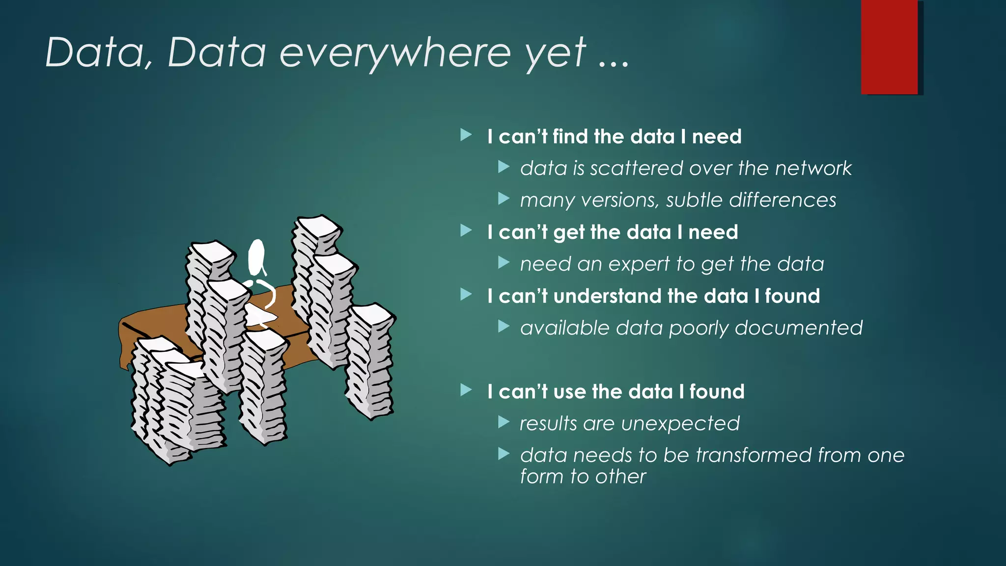 Data, Data everywhere yet ...
 I can’t find the data I need
 data is scattered over the network
 many versions, subtle differences
 I can’t get the data I need
 need an expert to get the data
 I can’t understand the data I found
 available data poorly documented
 I can’t use the data I found
 results are unexpected
 data needs to be transformed from one
form to other
 