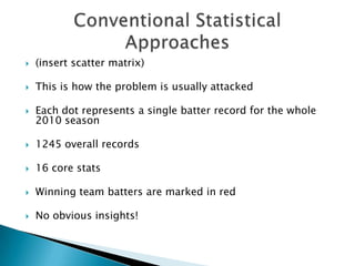    (insert scatter matrix)

   This is how the problem is usually attacked

   Each dot represents a single batter record for the whole
    2010 season

   1245 overall records

   16 core stats

   Winning team batters are marked in red

   No obvious insights!
 