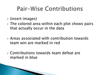    (insert images)
   The colored area within each plot shows pairs
    that actually occur in the data

   Areas associated with contribution towards
    team win are marked in red

   Contributions towards team defeat are
    marked in blue
 