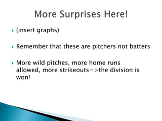   (insert graphs)

   Remember that these are pitchers not batters

   More wild pitches, more home runs
    allowed, more strikeouts=>the division is
    won!
 
