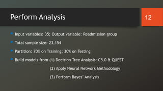 Perform Analysis
 Input variables: 35; Output variable: Readmission group
 Total sample size: 23,154
 Partition: 70% on Training; 30% on Testing
 Build models from (1) Decision Tree Analysis: C5.0 & QUEST
(2) Apply Neural Network Methodology
(3) Perform Bayes’ Analysis
12
 