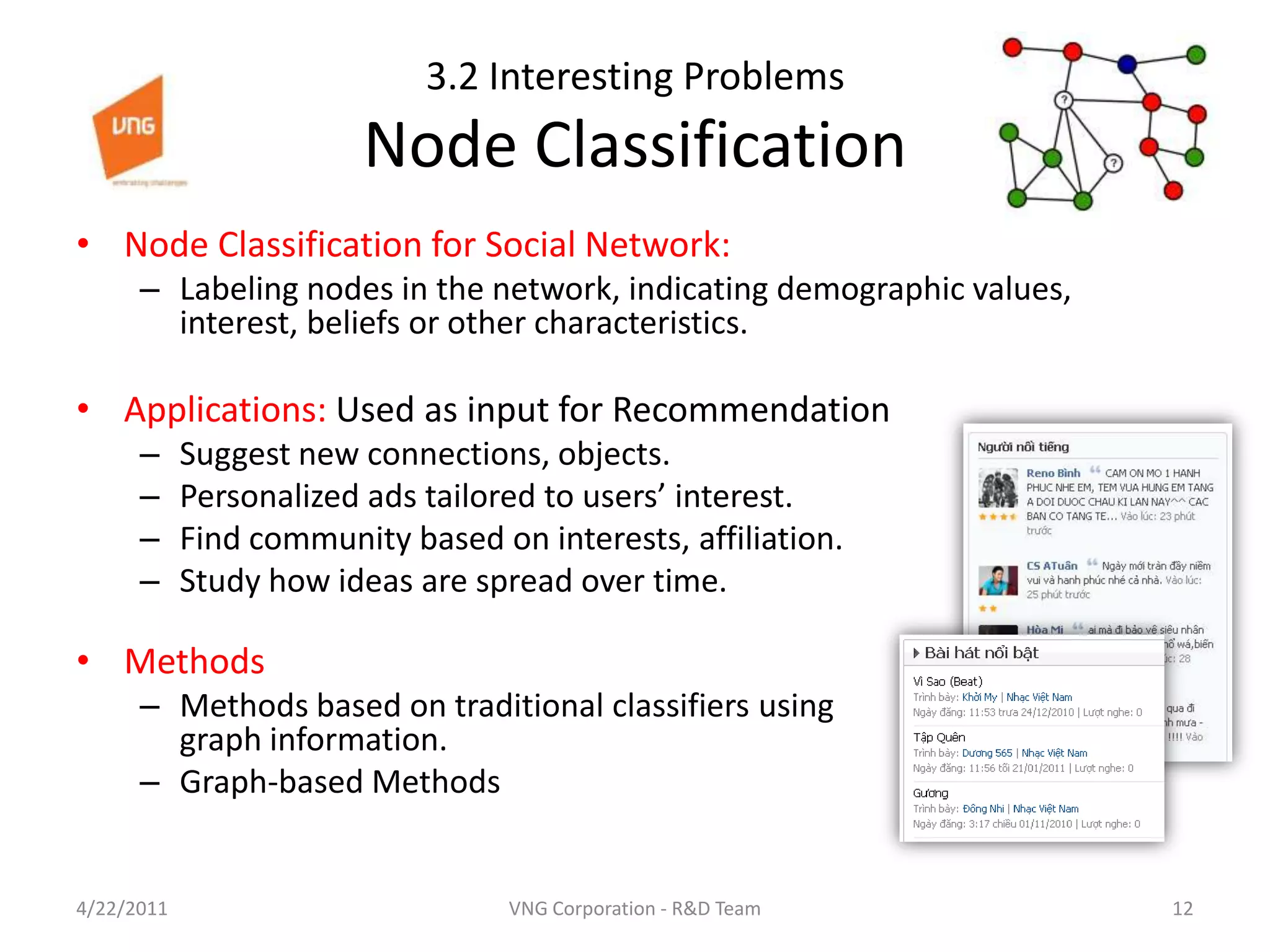 3.2 Interesting Problems Node ClassificationNode Classification for Social Network: Labeling nodes in the network, indicating demographic values, interest, beliefs or other characteristics.Applications: Used as input for RecommendationSuggest new connections, objects.Personalized ads tailored to users’ interest.Find community based on interests, affiliation.Study how ideas are spread over time.MethodsMethods based on traditional classifiers using  graph information.Graph-based Methods4/23/201112VNG Corporation - R&D Team