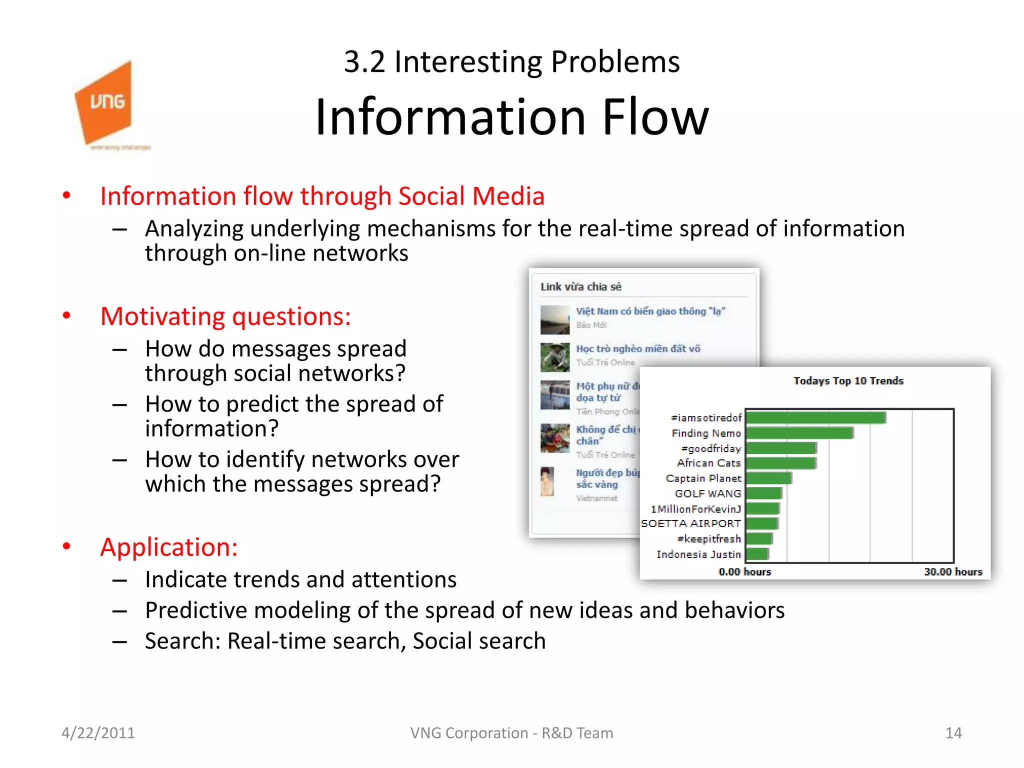 3.2 Interesting Problems Information FlowInformation flow through Social MediaAnalyzing underlying mechanisms for the real-time spread of information through on-line networksMotivating questions:How do messages spread through social networks?How to predict the spread of information?How to identify networks over which the messages spread?Application:Indicate trends and attentionsPredictive modeling of the spread of new ideas and behaviorsSearch: Real-time search, Social search4/23/201114VNG Corporation - R&D Team