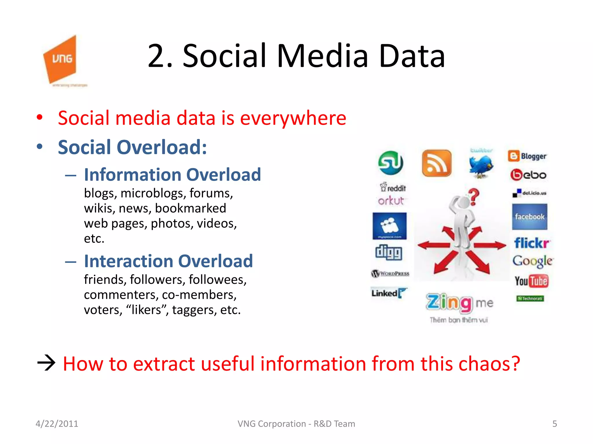 2. Social Media DataSocial media data is everywhereSocial Overload:Information Overloadblogs, microblogs, forums, wikis, news, bookmarked web pages, photos, videos, etc.Interaction Overloadfriends, followers, followees, commenters, co-members, voters, “likers”, taggers, etc. How to extract useful information from this chaos?4/23/20115VNG Corporation - R&D Team