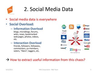 2. Social Media DataSocial media data is everywhereSocial Overload:Information Overloadblogs, microblogs, forums, wikis, news, bookmarked web pages, photos, videos, etc.Interaction Overloadfriends, followers, followees, commenters, co-members, voters, “likers”, taggers, etc. How to extract useful information from this chaos?4/23/20115VNG Corporation - R&D Team
