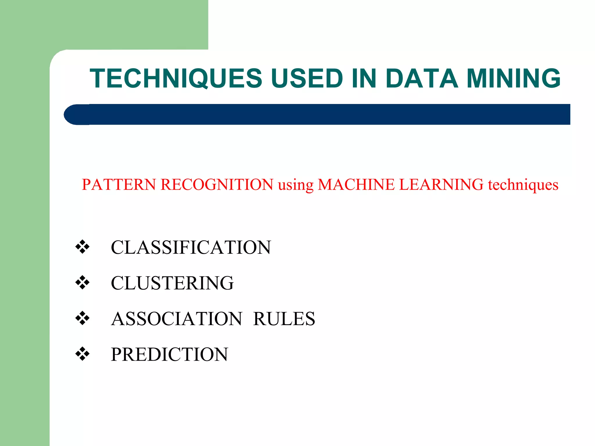 TECHNIQUES USED IN DATA MINING
PATTERN RECOGNITION using MACHINE LEARNING techniques
 CLASSIFICATION
 CLUSTERING
 ASSOCIATION RULES
 PREDICTION
 