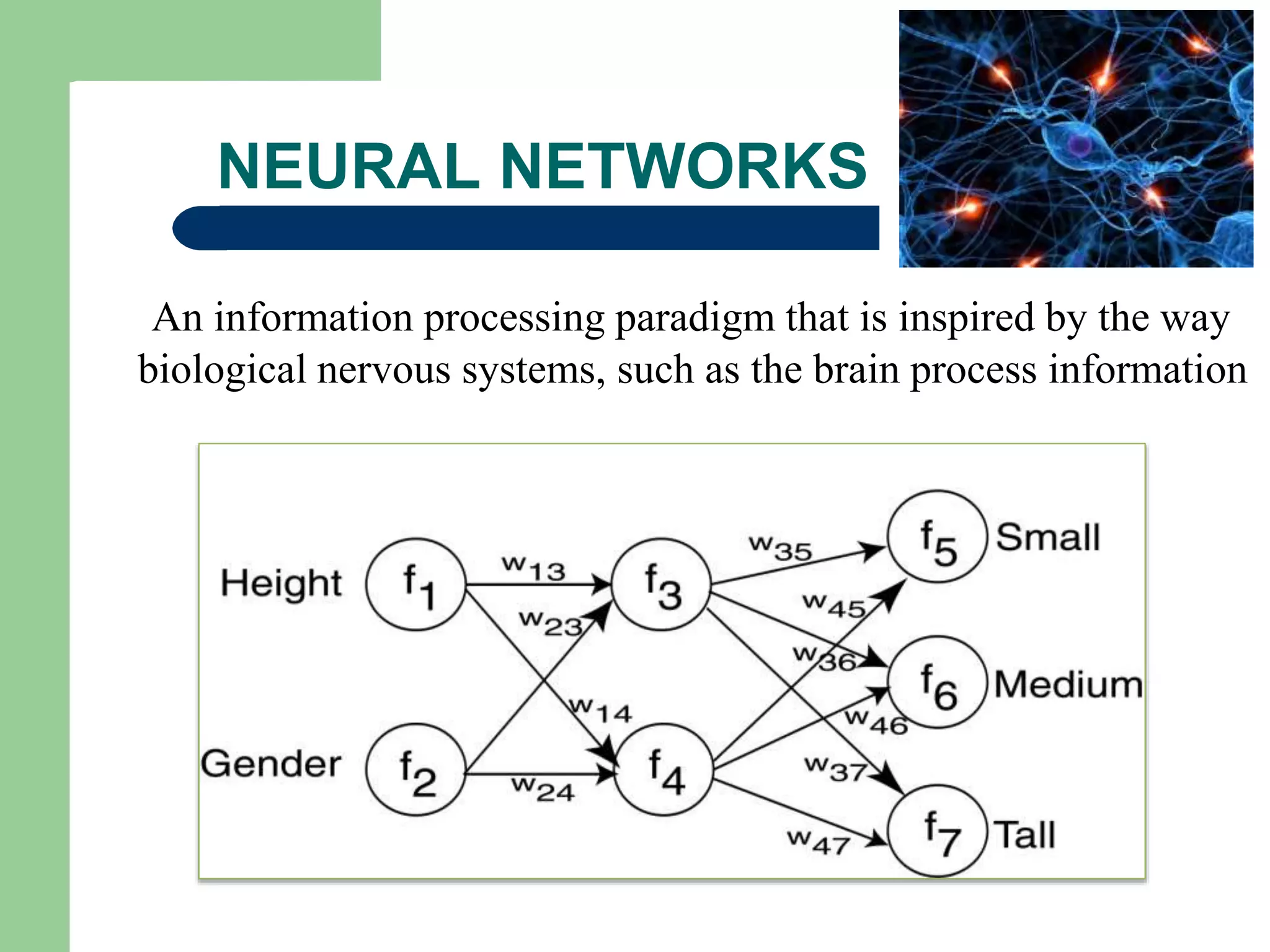 NEURAL NETWORKS
An information processing paradigm that is inspired by the way
biological nervous systems, such as the brain process information
 