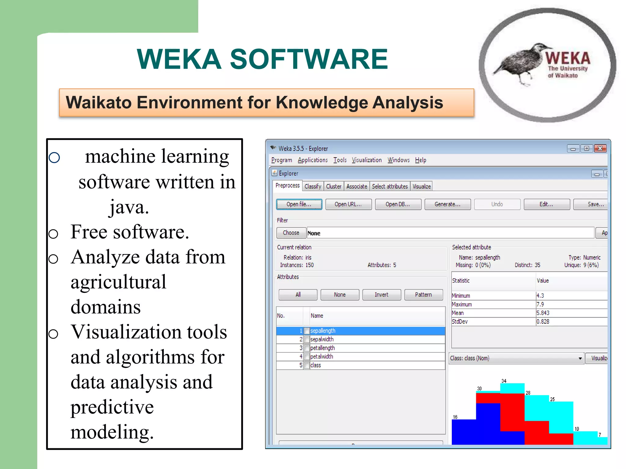 WEKA SOFTWARE
o machine learning
software written in
java.
o Free software.
o Analyze data from
agricultural
domains
o Visualization tools
and algorithms for
data analysis and
predictive
modeling.
Waikato Environment for Knowledge Analysis
 