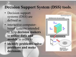 Decision Support System (DSS) tools. 
• Decision support 
systems (DSS) are 
defined as 
• interactive computer-based 
systems intended 
to help decision makers 
to utilize data and 
models in order to 
• identify problems, solve 
problems and make 
decisions. 
 