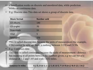 • Classification works on discrete and unordered data, while prediction 
works on continuous data. 
• E.g. Discrete data This data set shows a group of discrete data. 
Music format Number sold 
CD albums 140 
CD singles 70 
Downloads 55 
Vinyl 5 
Total sales 270 
• This is called discrete data because the units of measurement (for example, 
CDs) cannot be split up; there is nothing between 1 CD and 2 CDs 
• E.g. Continues data 
• This data is called continuous because the scale of measurement - distance - 
has meaning at all points between the numbers given, e.g we can travel a 
distance of 1.2 and 1.85 and even 1.632 miles. 
Distance in miles 0.1 0.2 0.6 1.1 1.2 1.8 2.0 2.7 3.4 4.6 6.2 8.0 12.1 14.2 
 