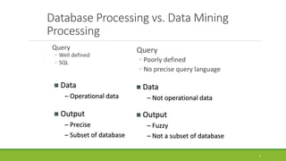 5
Database Processing vs. Data Mining
Processing
Query
◦ Well defined
◦ SQL
Query
◦ Poorly defined
◦ No precise query language
 Data
– Operational data
 Output
– Precise
– Subset of database
 Data
– Not operational data
 Output
– Fuzzy
– Not a subset of database
 
