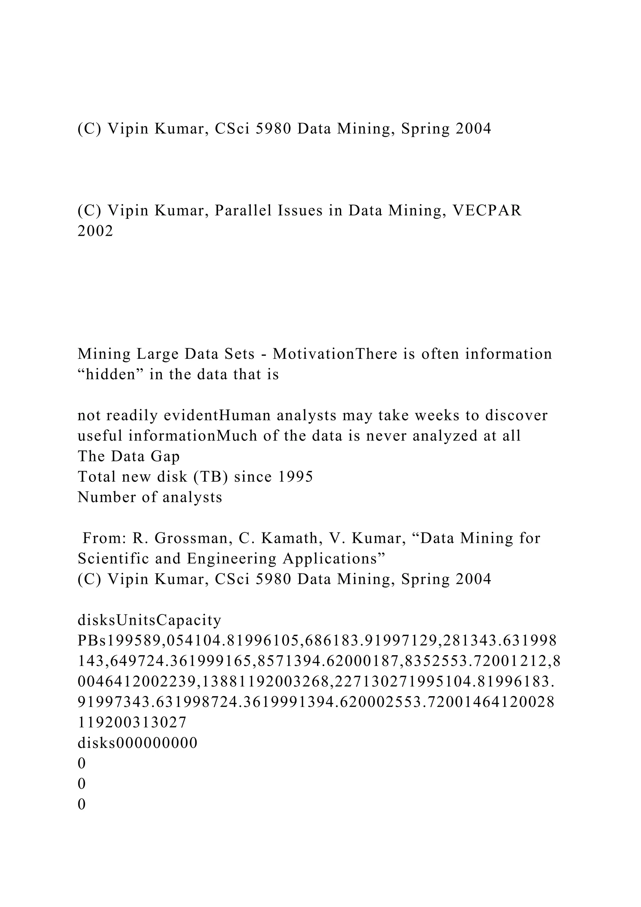 (C) Vipin Kumar, CSci 5980 Data Mining, Spring 2004
(C) Vipin Kumar, Parallel Issues in Data Mining, VECPAR
2002
Mining Large Data Sets - MotivationThere is often information
“hidden” in the data that is
not readily evidentHuman analysts may take weeks to discover
useful informationMuch of the data is never analyzed at all
The Data Gap
Total new disk (TB) since 1995
Number of analysts
From: R. Grossman, C. Kamath, V. Kumar, “Data Mining for
Scientific and Engineering Applications”
(C) Vipin Kumar, CSci 5980 Data Mining, Spring 2004
disksUnitsCapacity
PBs199589,054104.81996105,686183.91997129,281343.631998
143,649724.361999165,8571394.62000187,8352553.72001212,8
0046412002239,13881192003268,227130271995104.81996183.
91997343.631998724.3619991394.620002553.72001464120028
119200313027
disks000000000
0
0
0
 