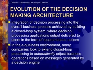 EVOLUTION OF THE DECISION MAKING ARCHITECTURE Integration of decision processing into the overall business process achieved by building a closed-loop system, where decision processing applications output delivered to users in the form of recommended actions In the e-business environment, many companies look to extend closed-loop processing to  automatically  adjust business operations based on messages generated by a decision engine 
