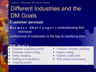 Different Industries and the DM Goals Customer services Business Challenge -- understanding that individual  preferences of customers is the key to satisfying them DM Goals   