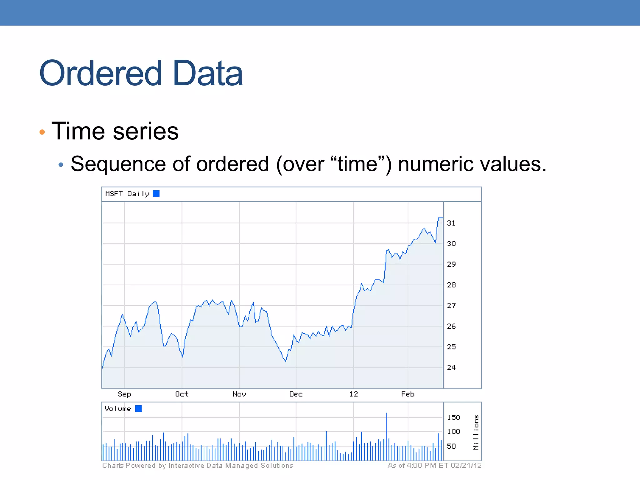 Ordered Data
• Time series
• Sequence of ordered (over “time”) numeric values.
 