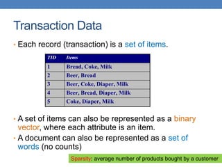 Transaction Data
• Each record (transaction) is a set of items.
• A set of items can also be represented as a binary
vector, where each attribute is an item.
• A document can also be represented as a set of
words (no counts)
TID Items
1 Bread, Coke, Milk
2 Beer, Bread
3 Beer, Coke, Diaper, Milk
4 Beer, Bread, Diaper, Milk
5 Coke, Diaper, Milk
Sparsity: average number of products bought by a customer
 