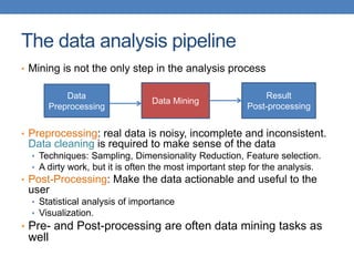 The data analysis pipeline
• Mining is not the only step in the analysis process
• Preprocessing: real data is noisy, incomplete and inconsistent.
Data cleaning is required to make sense of the data
• Techniques: Sampling, Dimensionality Reduction, Feature selection.
• A dirty work, but it is often the most important step for the analysis.
• Post-Processing: Make the data actionable and useful to the
user
• Statistical analysis of importance
• Visualization.
• Pre- and Post-processing are often data mining tasks as
well
Data
Preprocessing
Data Mining
Result
Post-processing
 