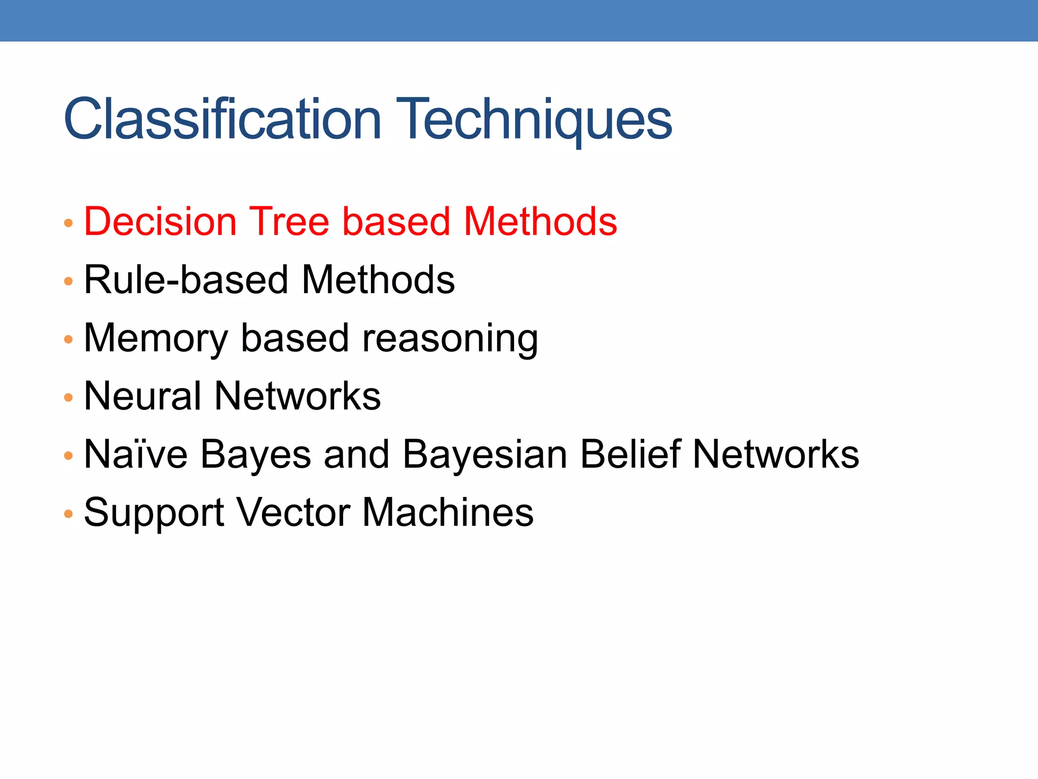 Classification Techniques
• Decision Tree based Methods
• Rule-based Methods
• Memory based reasoning
• Neural Networks
• Naïve Bayes and Bayesian Belief Networks
• Support Vector Machines
 