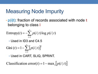 Measuring Node Impurity
• p(i|t): fraction of records associated with node t
belonging to class i
• Used in ID3 and C4.5
• Used in CART, SLIQ, SPRINT.




c
i
t
i
p
t
i
p
t
1
)
|
(
log
)
|
(
)
(
Entropy
 




c
i
t
i
p
t
1
2
)
|
(
1
)
(
Gini
 
)
|
(
max
1
)
(
error
tion
Classifica t
i
p
t i


 