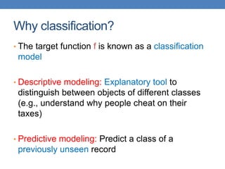 Why classification?
• The target function f is known as a classification
model
• Descriptive modeling: Explanatory tool to
distinguish between objects of different classes
(e.g., understand why people cheat on their
taxes)
• Predictive modeling: Predict a class of a
previously unseen record
 