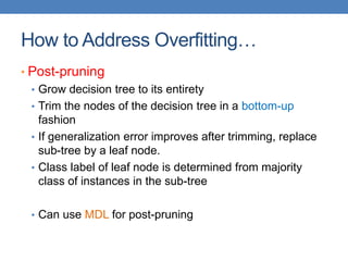How to Address Overfitting…
• Post-pruning
• Grow decision tree to its entirety
• Trim the nodes of the decision tree in a bottom-up
fashion
• If generalization error improves after trimming, replace
sub-tree by a leaf node.
• Class label of leaf node is determined from majority
class of instances in the sub-tree
• Can use MDL for post-pruning
 