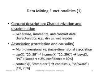 Data Mining Functionalities (1)

  • Concept description: Characterization and
    discrimination
        – Generalize, summarize, and contrast data
          characteristics, e.g., dry vs. wet regions
  • Association (correlation and causality)
        – Multi-dimensional vs. single-dimensional association
        – age(X, “20..29”) ^ income(X, “20..29K”)  buys(X,
          “PC”) [support = 2%, confidence = 60%]
        – contains(T, “computer”)  contains(x, “software”)
          [1%, 75%]
February 22, 2012       Data Mining: Concepts and Techniques   19
 