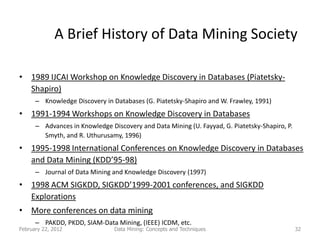 A Brief History of Data Mining Society

• 1989 IJCAI Workshop on Knowledge Discovery in Databases (Piatetsky-
  Shapiro)
      – Knowledge Discovery in Databases (G. Piatetsky-Shapiro and W. Frawley, 1991)
• 1991-1994 Workshops on Knowledge Discovery in Databases
      – Advances in Knowledge Discovery and Data Mining (U. Fayyad, G. Piatetsky-Shapiro, P.
        Smyth, and R. Uthurusamy, 1996)
• 1995-1998 International Conferences on Knowledge Discovery in Databases
  and Data Mining (KDD’95-98)
      – Journal of Data Mining and Knowledge Discovery (1997)
• 1998 ACM SIGKDD, SIGKDD’1999-2001 conferences, and SIGKDD
  Explorations
• More conferences on data mining
      – PAKDD, PKDD, SIAM-Data Mining, (IEEE) ICDM, etc.
February 22, 2012               Data Mining: Concepts and Techniques                           32
 