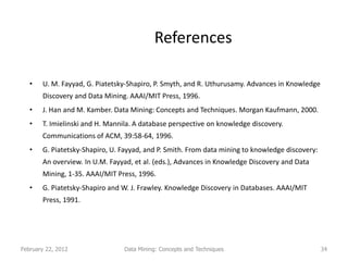 References

   •   U. M. Fayyad, G. Piatetsky-Shapiro, P. Smyth, and R. Uthurusamy. Advances in Knowledge
       Discovery and Data Mining. AAAI/MIT Press, 1996.
   •   J. Han and M. Kamber. Data Mining: Concepts and Techniques. Morgan Kaufmann, 2000.
   •   T. Imielinski and H. Mannila. A database perspective on knowledge discovery.
       Communications of ACM, 39:58-64, 1996.
   •   G. Piatetsky-Shapiro, U. Fayyad, and P. Smith. From data mining to knowledge discovery:
       An overview. In U.M. Fayyad, et al. (eds.), Advances in Knowledge Discovery and Data
       Mining, 1-35. AAAI/MIT Press, 1996.
   •   G. Piatetsky-Shapiro and W. J. Frawley. Knowledge Discovery in Databases. AAAI/MIT
       Press, 1991.




February 22, 2012               Data Mining: Concepts and Techniques                             34
 