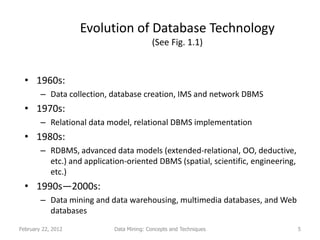 Evolution of Database Technology
                                          (See Fig. 1.1)


  • 1960s:
        – Data collection, database creation, IMS and network DBMS
  • 1970s:
        – Relational data model, relational DBMS implementation
  • 1980s:
        – RDBMS, advanced data models (extended-relational, OO, deductive,
          etc.) and application-oriented DBMS (spatial, scientific, engineering,
          etc.)
  • 1990s—2000s:
        – Data mining and data warehousing, multimedia databases, and Web
          databases
February 22, 2012           Data Mining: Concepts and Techniques                   5
 