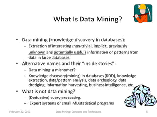 What Is Data Mining?

     • Data mining (knowledge discovery in databases):
           – Extraction of interesting (non-trivial, implicit, previously
             unknown and potentially useful) information or patterns from
             data in large databases
     • Alternative names and their “inside stories”:
           – Data mining: a misnomer?
           – Knowledge discovery(mining) in databases (KDD), knowledge
             extraction, data/pattern analysis, data archeology, data
             dredging, information harvesting, business intelligence, etc.
     • What is not data mining?
           – (Deductive) query processing.
           – Expert systems or small ML/statistical programs
February 22, 2012            Data Mining: Concepts and Techniques            6
 