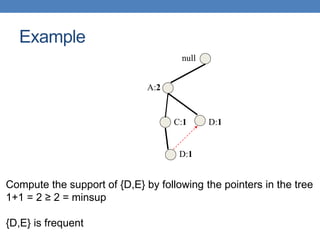 null
A:2
C:1
D:1
D:1
Example
Compute the support of {D,E} by following the pointers in the tree
1+1 = 2 ≥ 2 = minsup
{D,E} is frequent
 