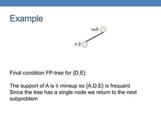 null
A:2
Example
Final condition FP-tree for {D,E}
The support of A is ≥ minsup so {A,D,E} is frequent
Since the tree has a single node we return to the next
subproblem
 