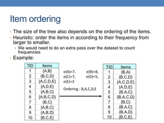 Item ordering
• The size of the tree also depends on the ordering of the items.
• Heuristic: order the items in according to their frequency from
larger to smaller.
• We would need to do an extra pass over the dataset to count
frequencies
• Example:
TID Items
1 {A,B}
2 {B,C,D}
3 {A,C,D,E}
4 {A,D,E}
5 {A,B,C}
6 {A,B,C,D}
7 {B,C}
8 {A,B,C}
9 {A,B,D}
10 {B,C,E}
TID Items
1 {Β,Α}
2 {B,C,D}
3 {A,C,D,E}
4 {A,D,E}
5 {Β,Α,C}
6 {Β,Α,C,D}
7 {B,C}
8 {Β,Α,C}
9 {Β,Α,D}
10 {B,C,E}
σ(Α)=7, σ(Β)=8,
σ(C)=7, σ(D)=5,
σ(Ε)=3
Ordering : Β,Α,C,D,E
 