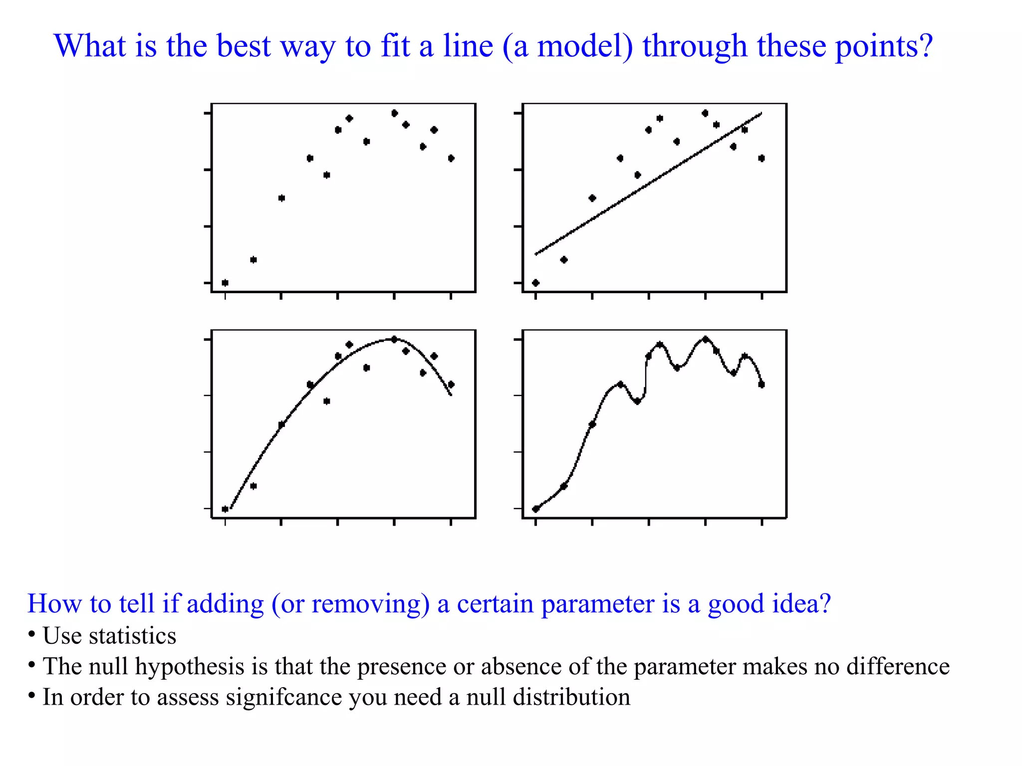 What is the best way to fit a line (a model) through these points?
How to tell if adding (or removing) a certain parameter is a good idea?
• Use statistics
• The null hypothesis is that the presence or absence of the parameter makes no difference
• In order to assess signifcance you need a null distribution
 