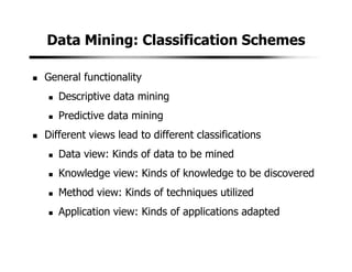 Data Mining: Classification Schemes
General functionality
Descriptive data mining
Predictive data mining
Different views lead to different classifications
Data view: Kinds of data to be mined
Knowledge view: Kinds of knowledge to be discovered
Method view: Kinds of techniques utilized
Application view: Kinds of applications adapted
 