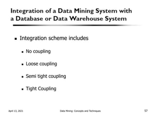 Integration scheme includes
No coupling
Loose coupling
Semi tight coupling
Tight Coupling
April 13, 2021 Data Mining: Concepts and Techniques 57
 