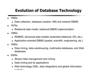 Evolution of Database Technology
1960s:
Data collection, database creation, IMS and network DBMS
1970s:
Relational data model, relational DBMS implementation
1980s:
RDBMS, advanced data models (extended-relational, OO, etc.)
Application-oriented DBMS (spatial, scientific, engineering, etc.)
1990s:
Data mining, data warehousing, multimedia databases, and Web
databases
2000s
Stream data management and mining
Data mining and its applications
Web technology (XML, data integration) and global information
systems
 