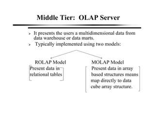 Middle Tier: OLAP Server
It presents the users a multidimensional data from
data warehouse or data marts.
Typically implemented using two models:
ROLAP Model MOLAP Model
Present data in Present data in array
relational tables based structures means
map directly to data
cube array structure.
 