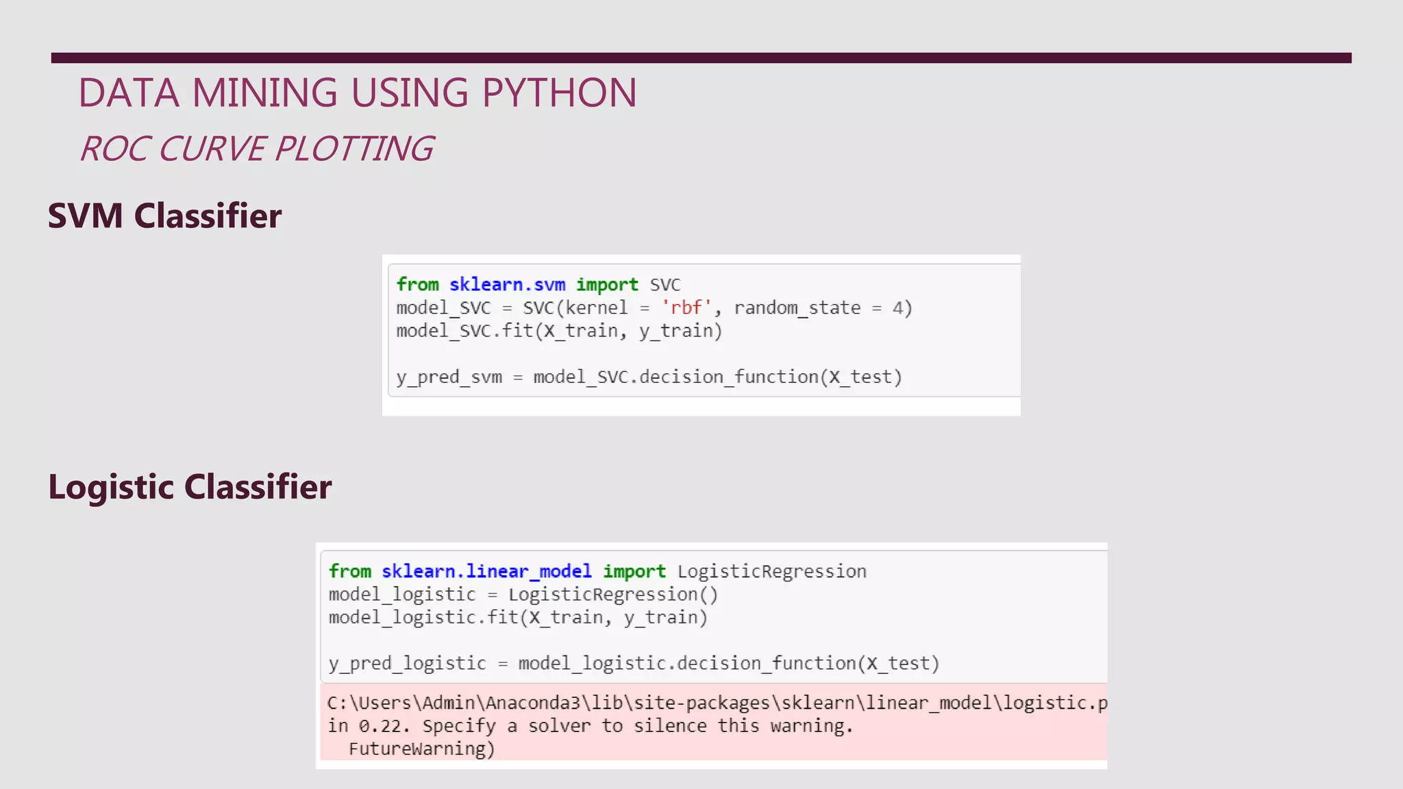 DATA MINING USING PYTHON
ROC CURVE PLOTTING
SVM Classifier
Logistic Classifier
 