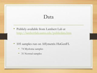 Data
• Publicly-available from Lambert Lab at
http://lambertlab.uams.edu/publicdata.htm
• 105 samples run on Affymetrix HuGenFL
• 74 Myeloma samples
• 31 Normal samples
 