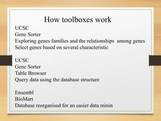 UCSC
Gene Sorter
Exploring genes families and the relationships among genes
Select genes based on several characteristic
UCSC
Gene Sorter
Table Browser
Query data using the database structure
Ensembl
BioMart
Database reorganised for an easier data minin
How toolboxes work
 