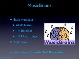 MusicBrainz

          • Basic metadata
           • 645K Artists
           • 1M Releases
           • 10M Recordings
          • And more ...
        Let’s have some fun with MusicBrainz data
#SXMusicData
 