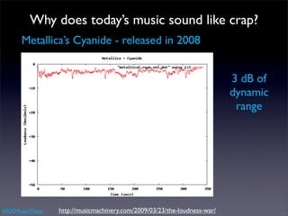 Why does today’s music sound like crap?
     Metallica’s Cyanide - released in 2008


                                                                        3 dB of
                                                                        dynamic
                                                                         range




#SXMusicData   http://musicmachinery.com/2009/03/23/the-loudness-war/
 