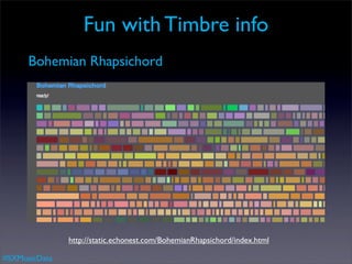 Fun with Timbre info
      Bohemian Rhapsichord




               http://static.echonest.com/BohemianRhapsichord/index.html

#SXMusicData
 