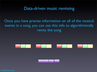 Data-driven music remixing

   Once you have precise information on all of the musical
   events in a song, you can use this info to algorithmically
                        remix the song




#SXMusicData
 