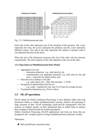 Fig. 1.5.1 Multidimensional cube
Each side of the cube represents one of the elements of the question. The x-axis
represents the time, the y-axis represents the products and the z-axis represents
different centers. The cells in the cube represents the number of product sold or
can represent the price of the items.
When the size of the dimension increases, the size of the cube will also increase
exponentially. The time response of the cube depends on the size of the cube.
1.5.1 Operations in Multidimensional Data Model:
• Aggregation (roll-up)
– dimension reduction: e.g., total sales by city
– summarization over aggregate hierarchy: e.g., total sales by city and
year -> total sales by region and by year
• Selection (slice) defines a sub cube
– e.g., sales where city = Palo Alto and date = 1/15/96
• Navigation to detailed data (drill-down)
– e.g., (sales - expense) by city, top 3% of cities by average income
• Visualization Operations (e.g., Pivot or dice)
1.5 OLAP operations
OLAP stands for Online Analytical Processing. It uses database tables (fact and
dimension tables) to enable multidimensional viewing, analysis and querying of
large amounts of data. OLAP technology could provide management with fast
answers to complex queries on their operational data or enable them to analyze
their company's historical data for trends and patterns.
Online Analytical Processing (OLAP) applications and tools are those that are
designed to ask “complex queries of large multidimensional collections of data.”
Operations:
 Roll up (drill-up): summarize data
19
 