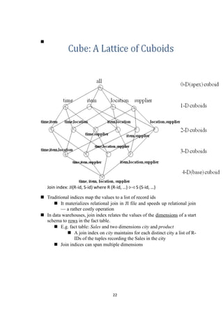 
Join index: JI(R-id, S-id) where R (R-id, …) >< S (S-id, …)
 Traditional indices map the values to a list of record ids
 It materializes relational join in JI file and speeds up relational join
— a rather costly operation
 In data warehouses, join index relates the values of the dimensions of a start
schema to rows in the fact table.
 E.g. fact table: Sales and two dimensions city and product
 A join index on city maintains for each distinct city a list of R-
IDs of the tuples recording the Sales in the city
 Join indices can span multiple dimensions
22
 