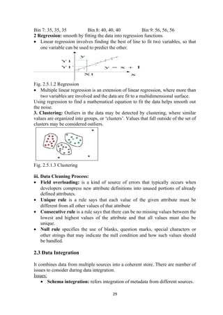 Bin 7: 35, 35, 35 Bin 8: 40, 40, 40 Bin 9: 56, 56, 56
2 Regression: smooth by fitting the data into regression functions.
• Linear regression involves finding the best of line to fit two variables, so that
one variable can be used to predict the other.
Fig. 2.5.1.2 Regression
• Multiple linear regression is an extension of linear regression, where more than
two variables are involved and the data are fit to a multidimensional surface.
Using regression to find a mathematical equation to fit the data helps smooth out
the noise.
3. Clustering: Outliers in the data may be detected by clustering, where similar
values are organized into groups, or ‘clusters’. Values that fall outside of the set of
clusters may be considered outliers.
Fig. 2.5.1.3 Clustering
iii. Data Cleaning Process:
• Field overloading: is a kind of source of errors that typically occurs when
developers compress new attribute definitions into unused portions of already
defined attributes.
• Unique rule is a rule says that each value of the given attribute must be
different from all other values of that attribute
• Consecutive rule is a rule says that there can be no missing values between the
lowest and highest values of the attribute and that all values must also be
unique.
• Null rule specifies the use of blanks, question marks, special characters or
other strings that may indicate the null condition and how such values should
be handled.
2.3 Data Integration
It combines data from multiple sources into a coherent store. There are number of
issues to consider during data integration.
Issues:
• Schema integration: refers integration of metadata from different sources.
29
 