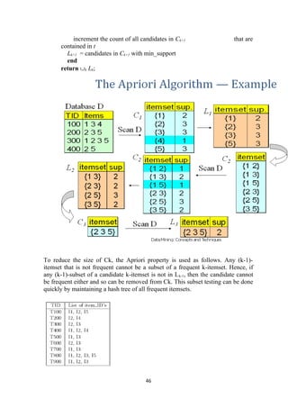 increment the count of all candidates in Ck+1 that are
contained in t
Lk+1 = candidates in Ck+1 with min_support
end
return ∪k Lk;
To reduce the size of Ck, the Apriori property is used as follows. Any (k-1)-
itemset that is not frequent cannot be a subset of a frequent k-itemset. Hence, if
any (k-1)-subset of a candidate k-itemset is not in Lk-1, then the candidate cannot
be frequent either and so can be removed from Ck. This subset testing can be done
quickly by maintaining a hash tree of all frequent itemsets.
46
 